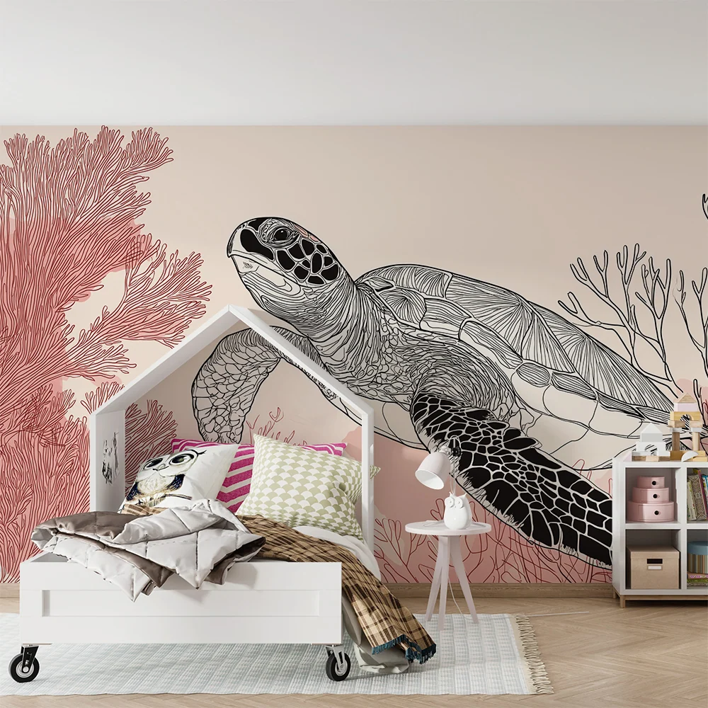 Kids room wallpaper | Elegant sea turtle swimming among pink corals