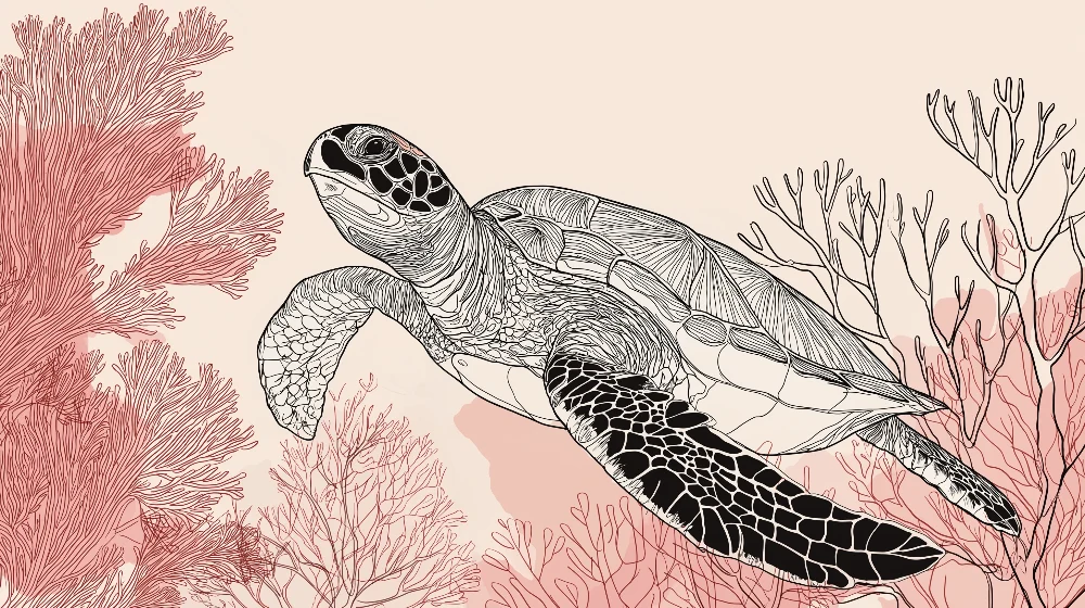 Kids room wallpaper | Elegant sea turtle swimming among pink corals