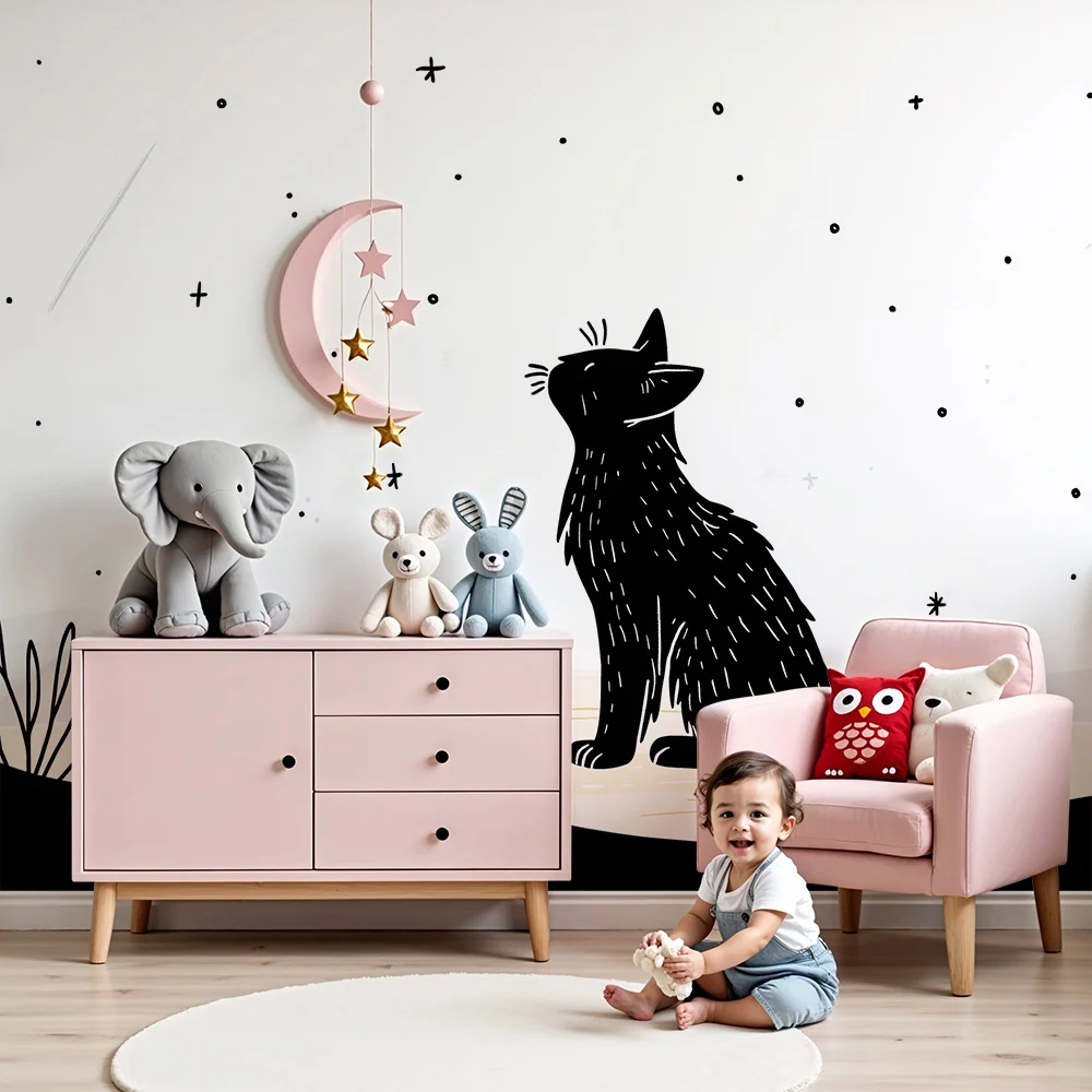Kids room wallpaper | Černá kočka pozorující hvězdy na noční obloze