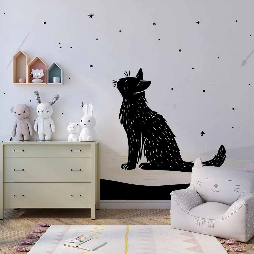 Kids room wallpaper | Černá kočka pozorující hvězdy na noční obloze