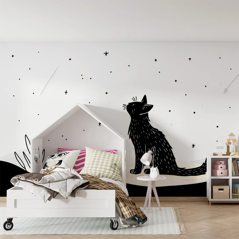 Kids room wallpaper | Černá kočka pozorující hvězdy na noční obloze