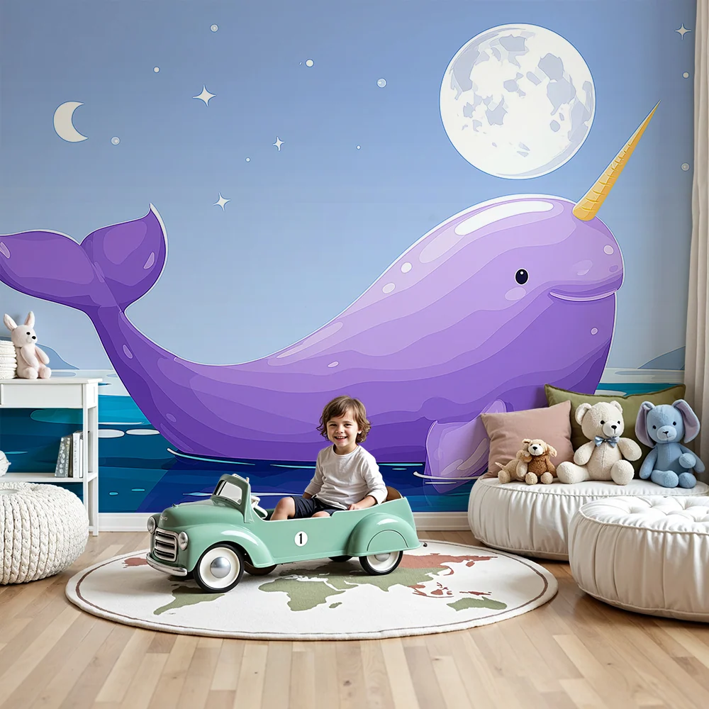 Kids room wallpaper | Fialový narval pod měsícem v hvězdném oceánu