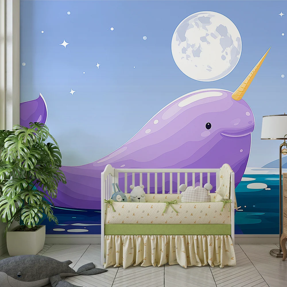 Kids room wallpaper | Fialový narval pod měsícem v hvězdném oceánu