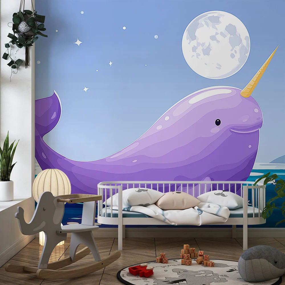 Kids room wallpaper | Fialový narval pod měsícem v hvězdném oceánu