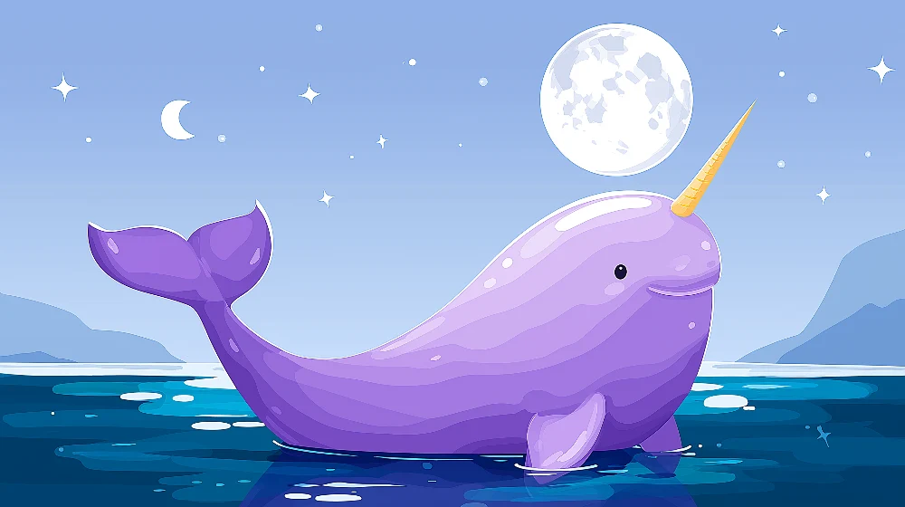 Kids room wallpaper | Fialový narval pod měsícem v hvězdném oceánu