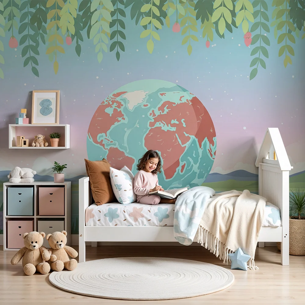 Kids room wallpaper | Floating earth surrounded flowers and foliage