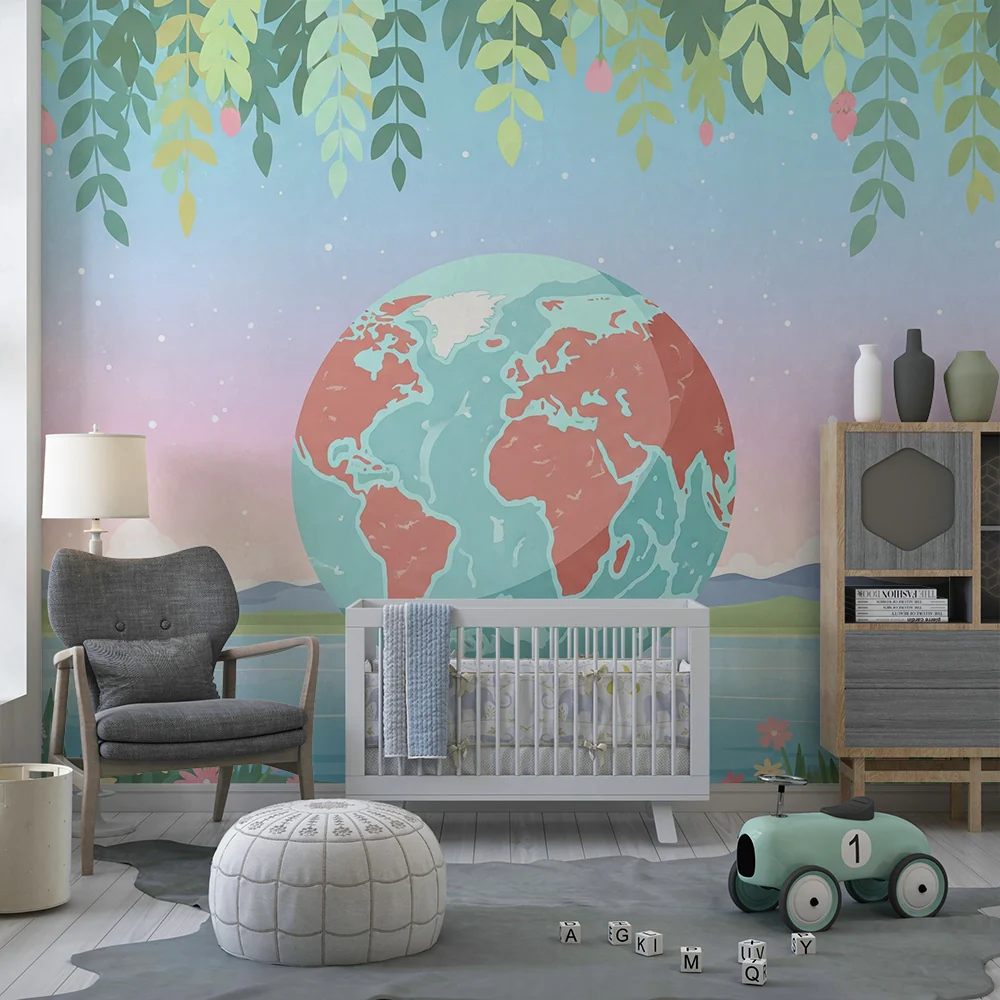 Kids room wallpaper | Floating earth surrounded flowers and foliage