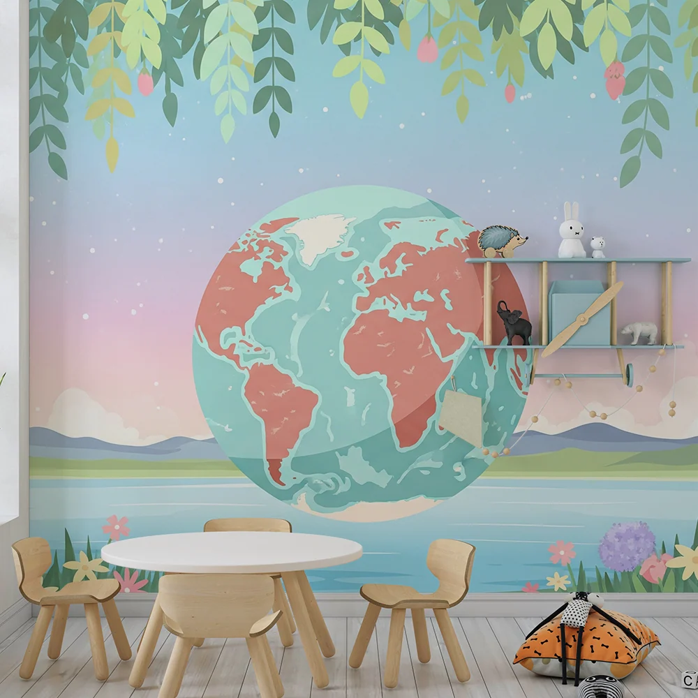 Kids room wallpaper | Floating earth surrounded flowers and foliage