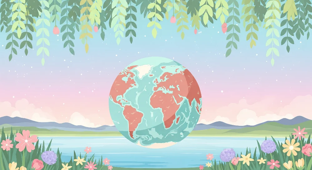 Kids room wallpaper | Floating earth surrounded flowers and foliage