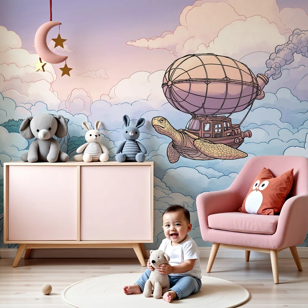 Kids room wallpaper | Flying turtle and enchanted clouds
