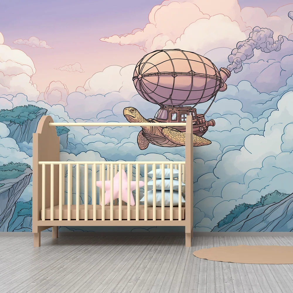 Kids room wallpaper | Flying turtle and enchanted clouds