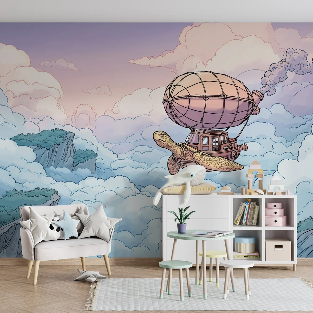 Kids room wallpaper | Flying turtle and enchanted clouds