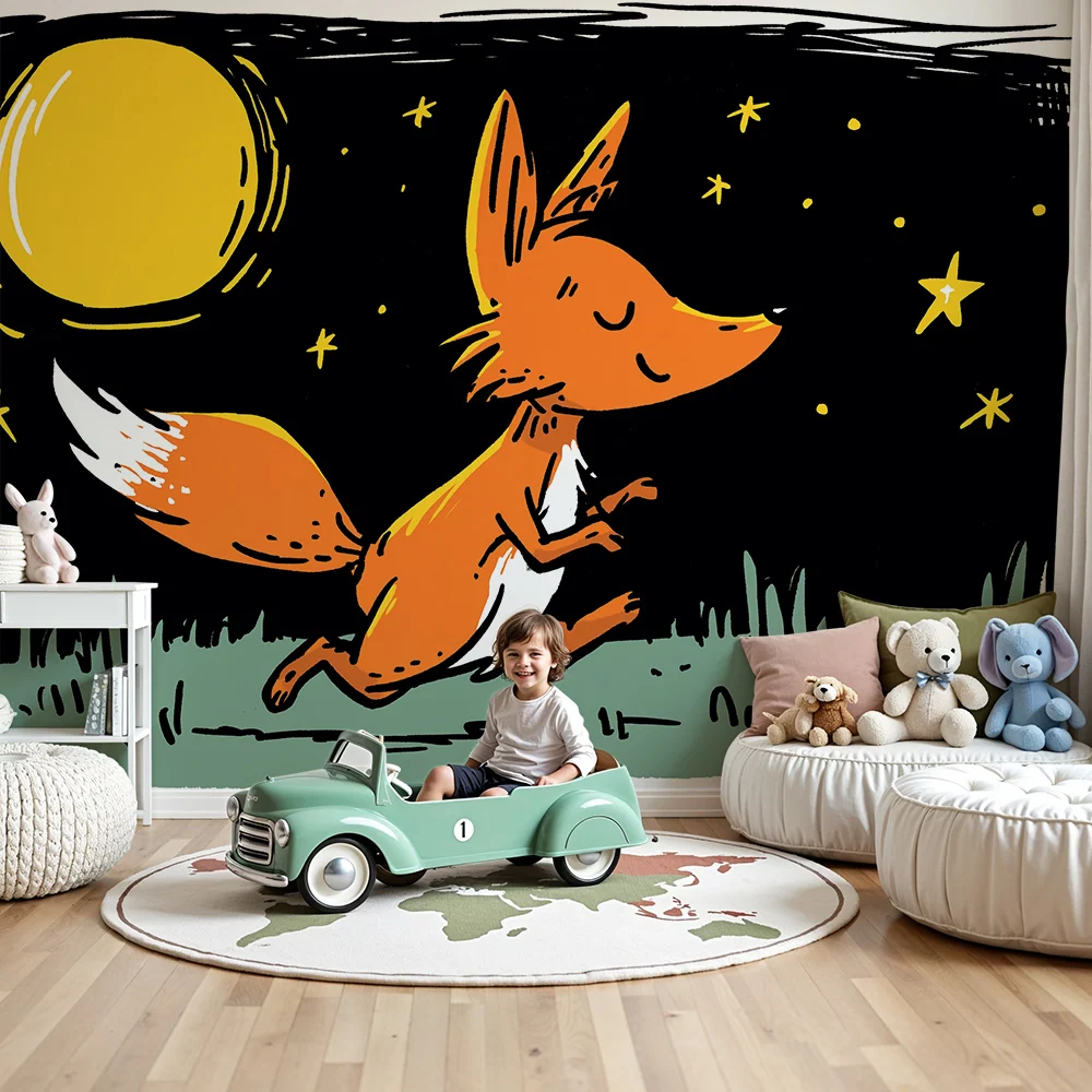 Kids room wallpaper | Fotbalový hráč liška pod hvězdnou oblohou