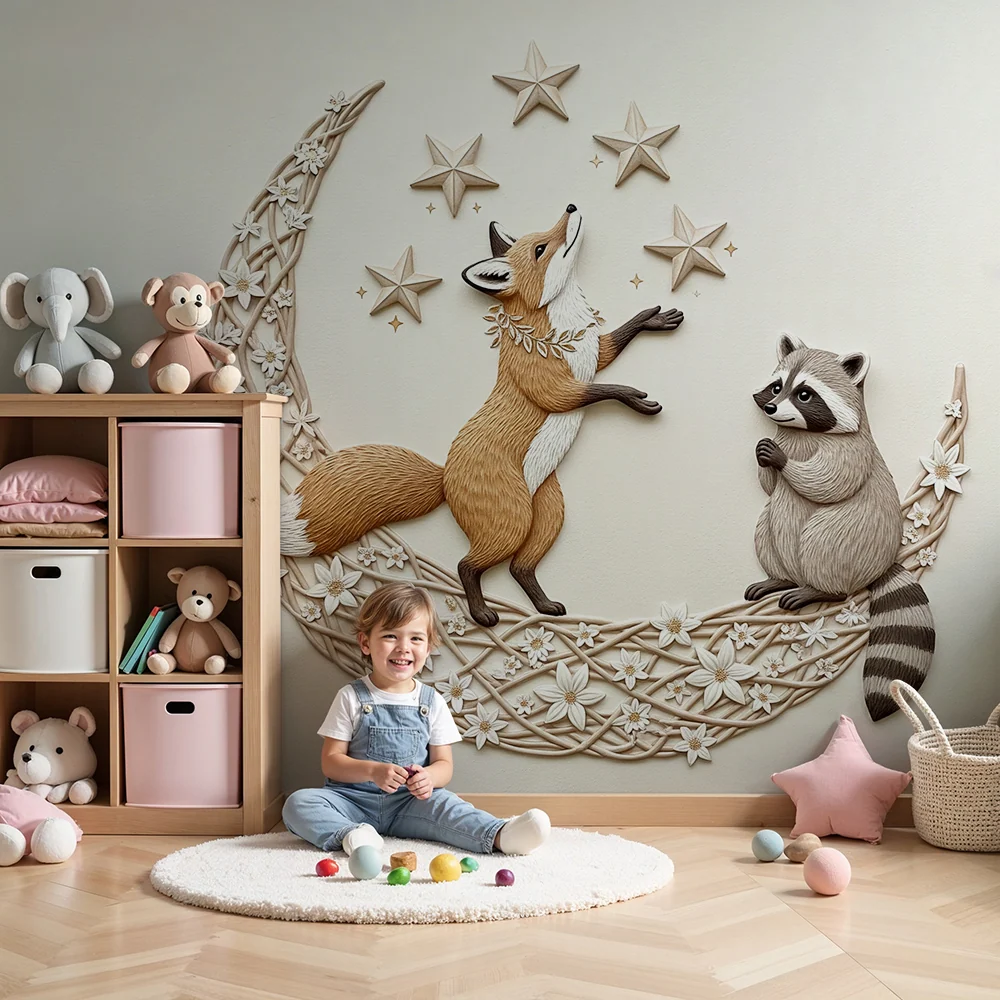 Kids room wallpaper | Fox and raccoon under starry sky