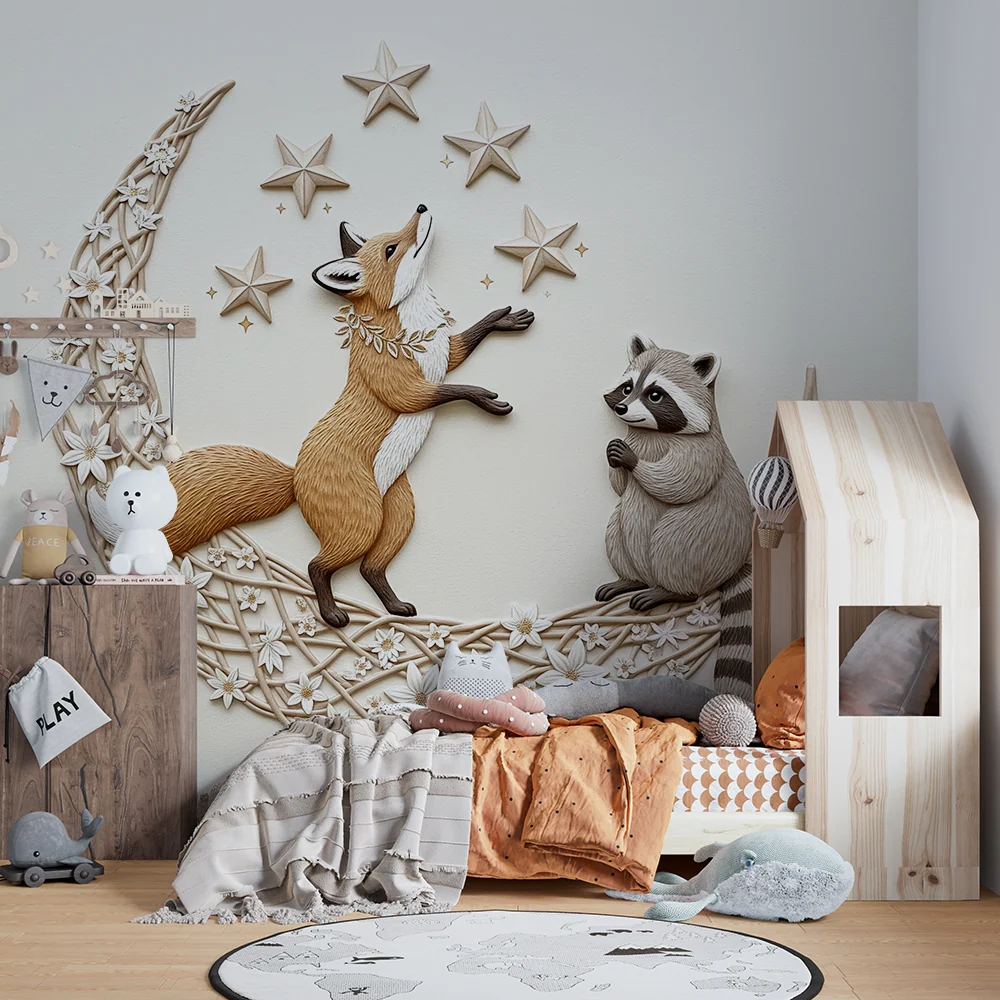 Kids room wallpaper | Fox and raccoon under starry sky