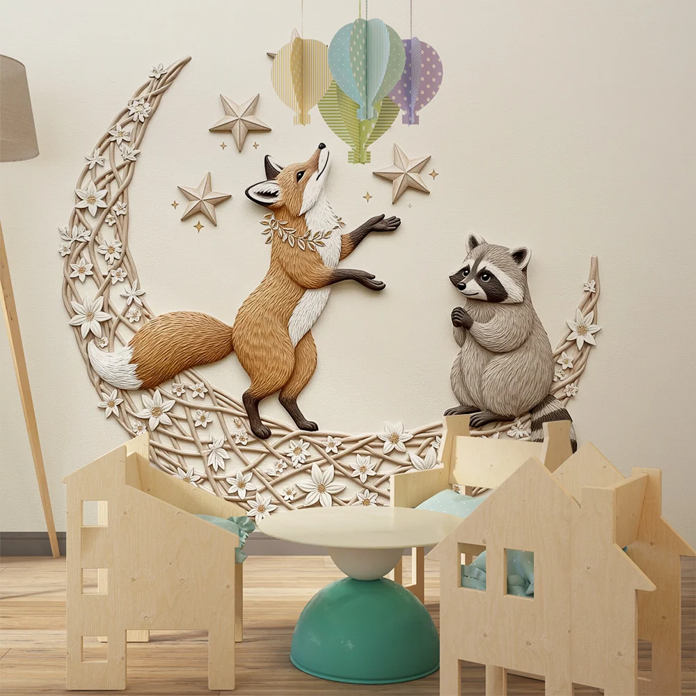 Kids room wallpaper | Fox and raccoon under starry sky