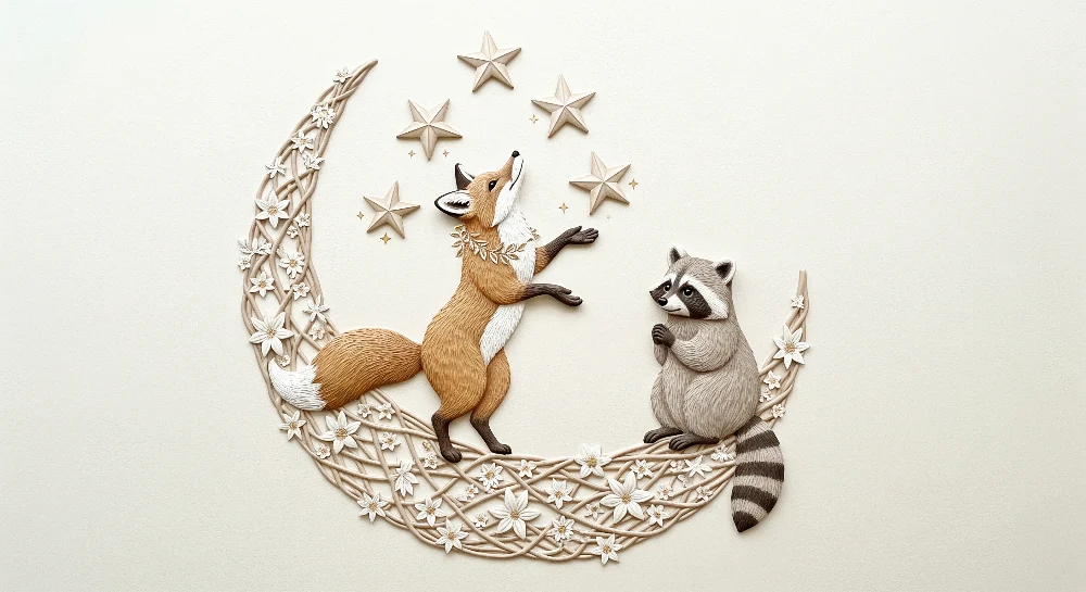 Kids room wallpaper | Fox and raccoon under starry sky