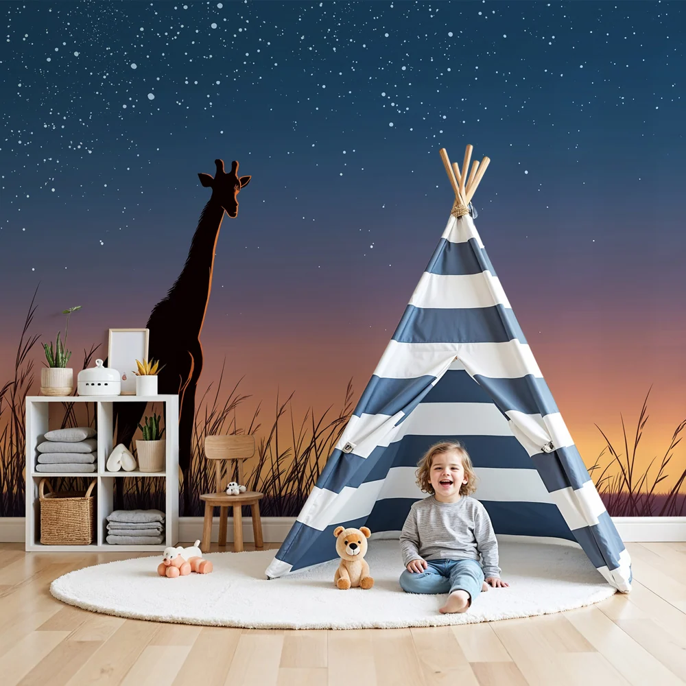 Kids room wallpaper | Giraffe under starry sky