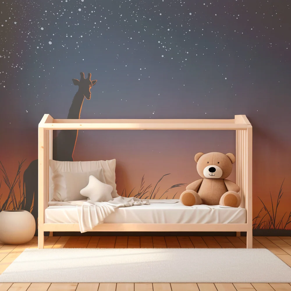 Kids room wallpaper | Giraffe under starry sky