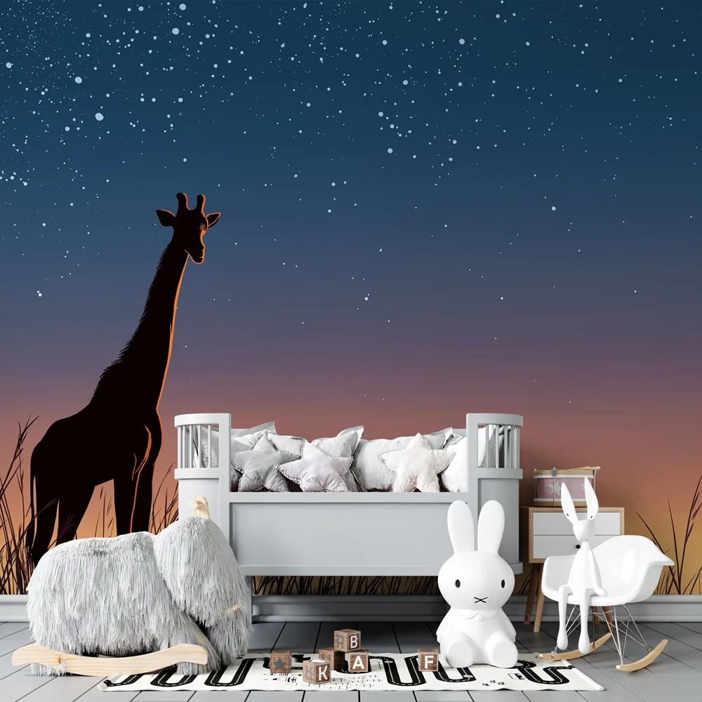 Kids room wallpaper | Giraffe under starry sky