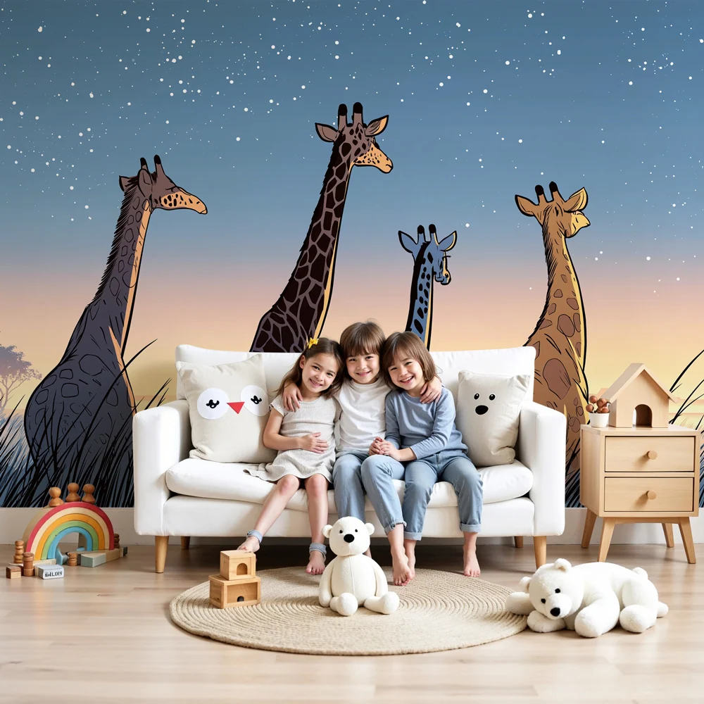Kids room wallpaper | Giraffes under stars