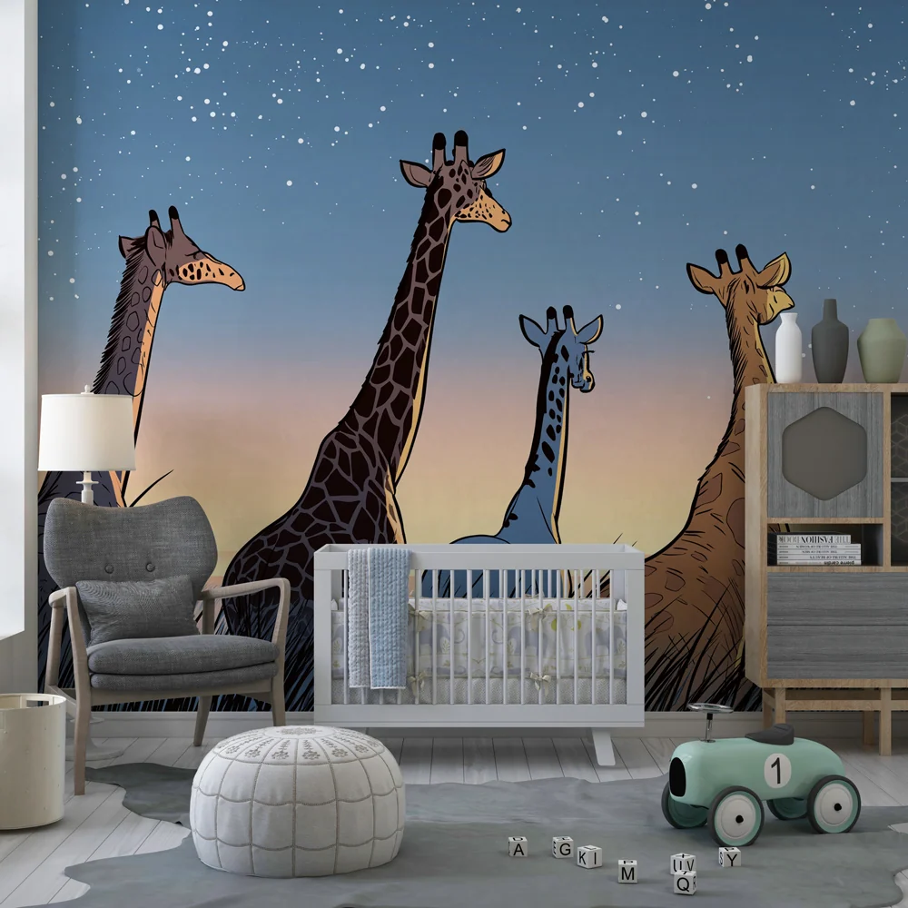 Kids room wallpaper | Giraffes under stars