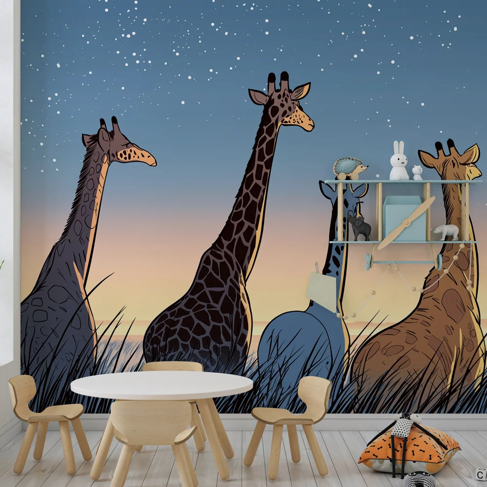 Kids room wallpaper | Giraffes under stars