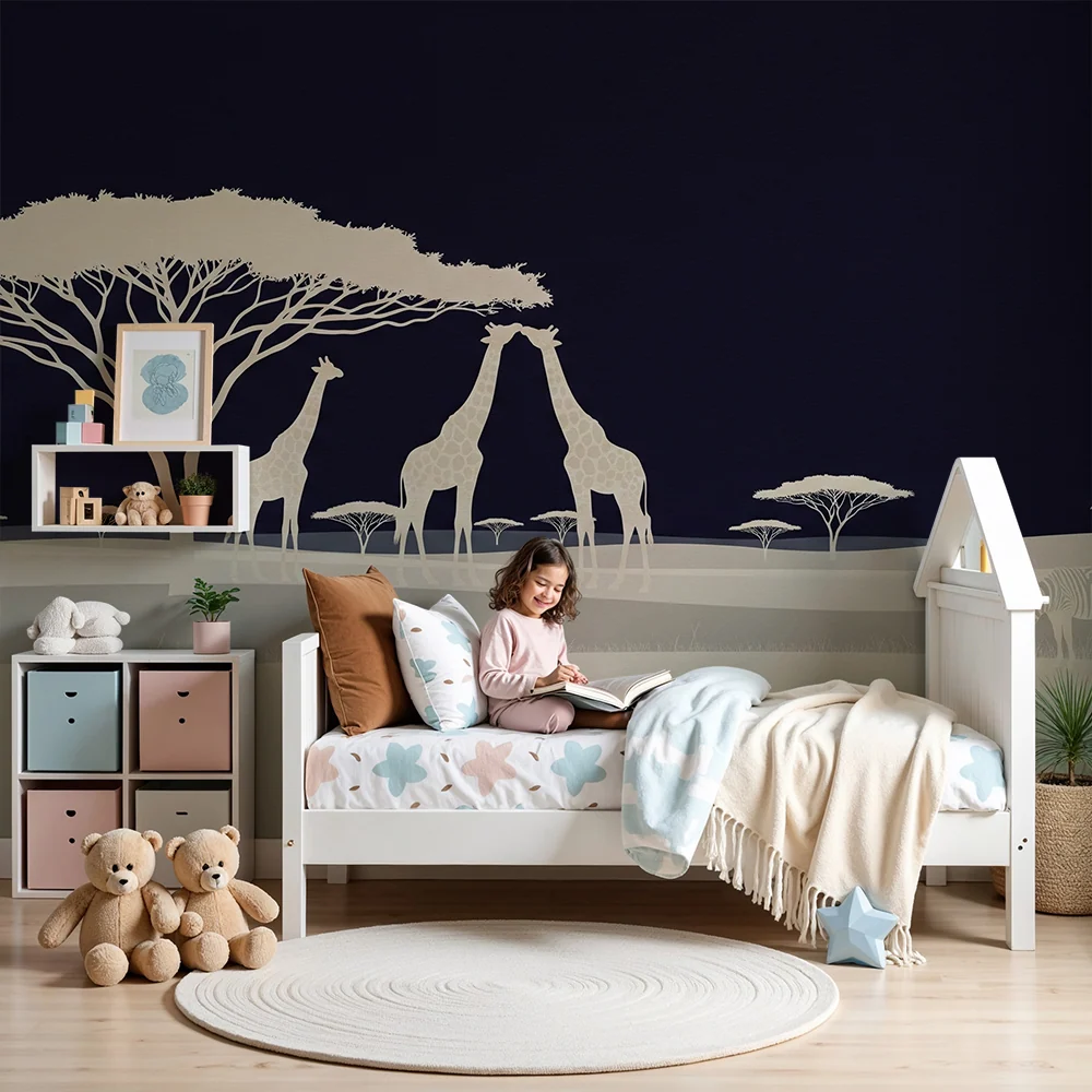 Kids room wallpaper | Giraffes and zebras nighttime savanna