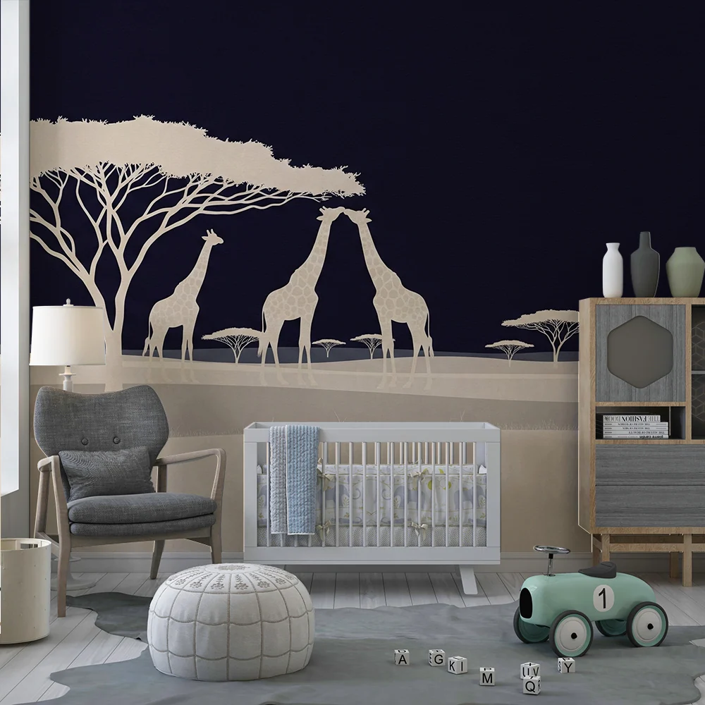 Kids room wallpaper | Giraffes and zebras nighttime savanna