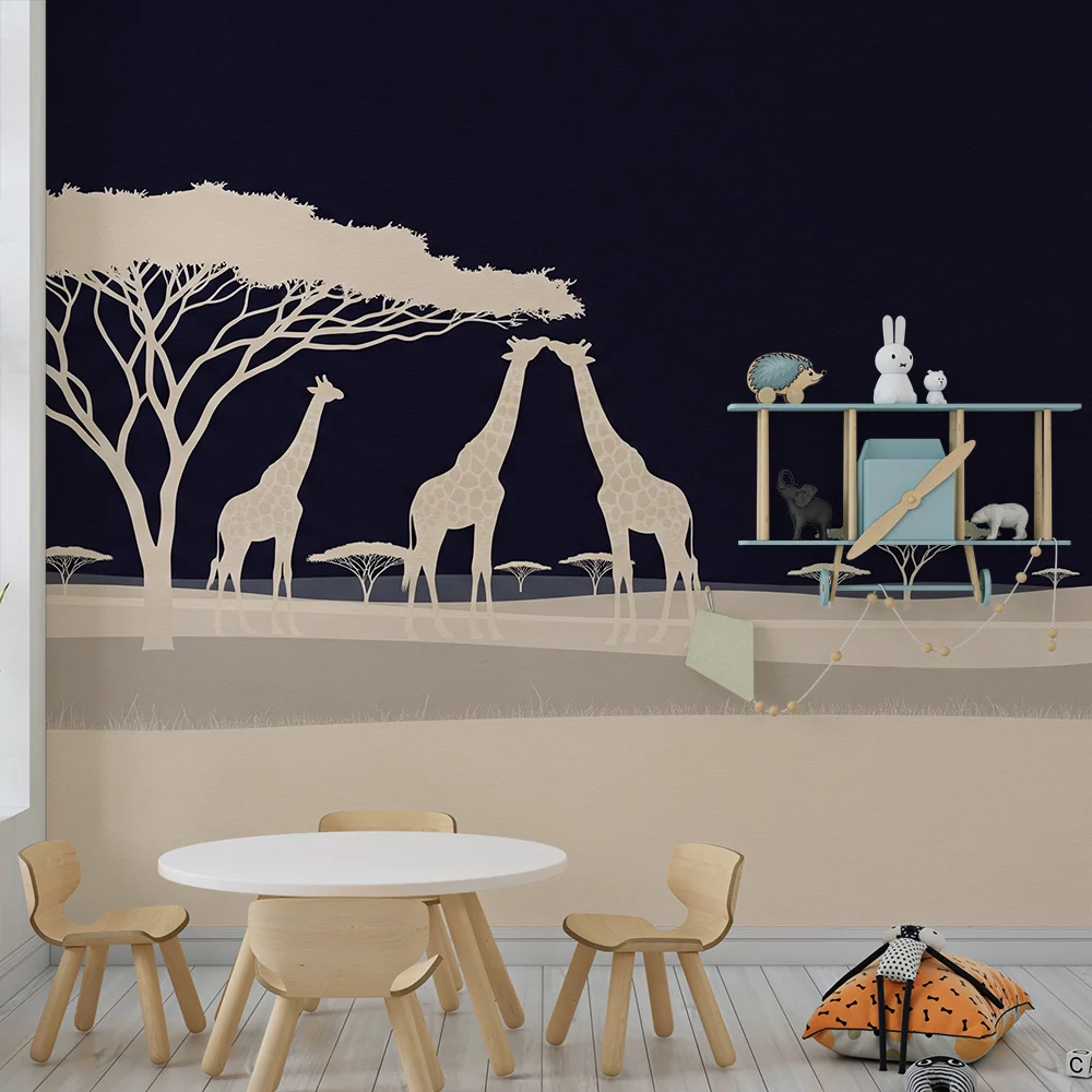 Kids room wallpaper | Giraffes and zebras nighttime savanna