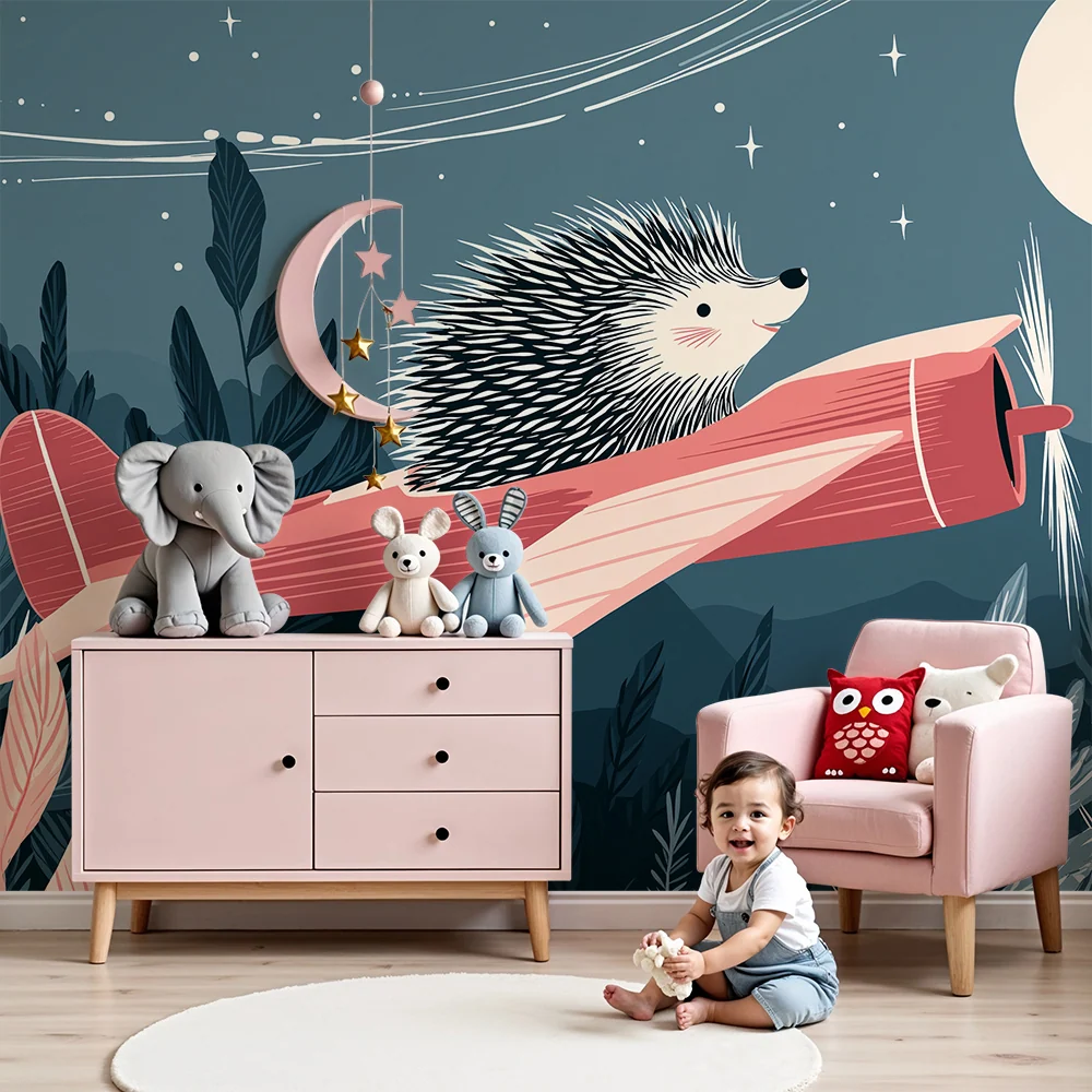 Kids room wallpaper | Hedgehog pilot flying under starry sky