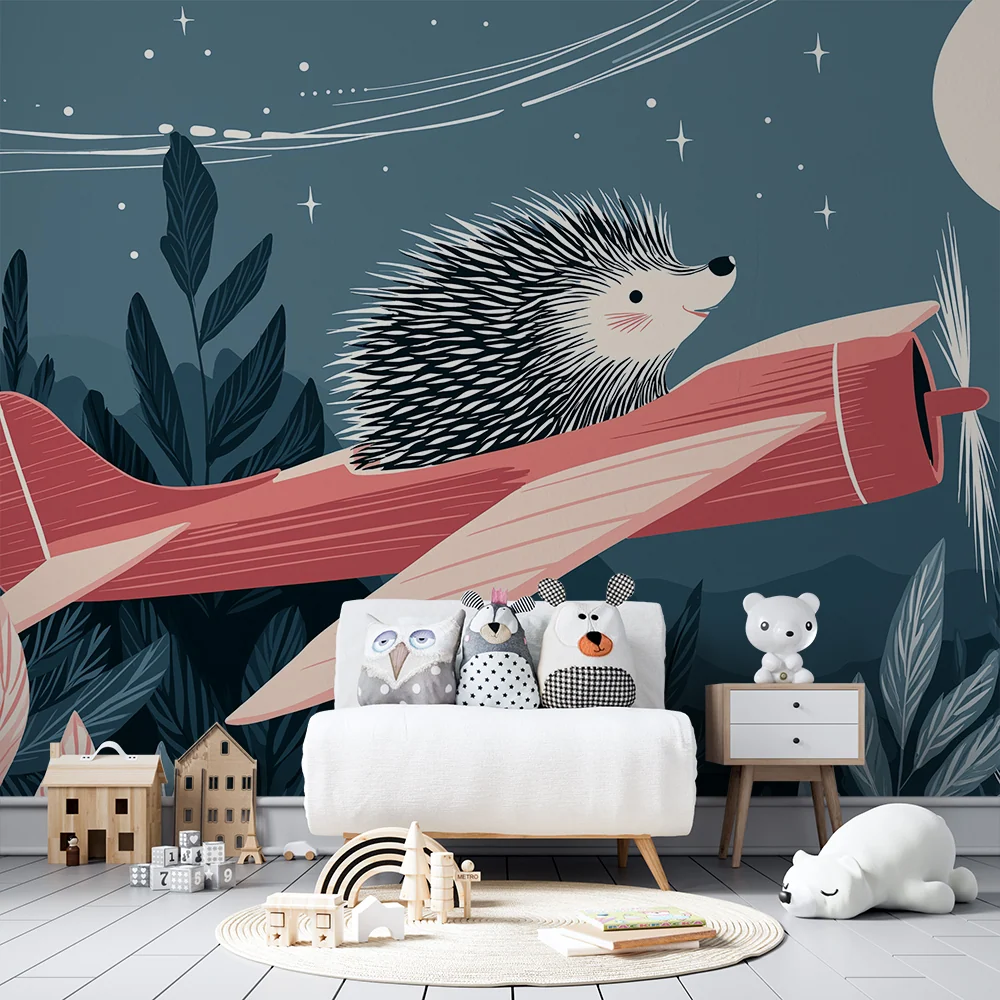 Kids room wallpaper | Hedgehog pilot flying under starry sky
