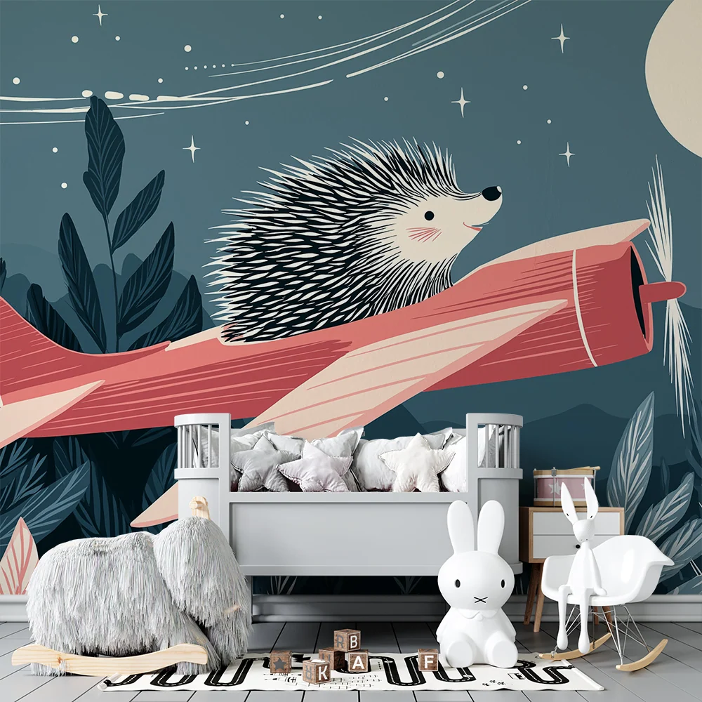 Kids room wallpaper | Hedgehog pilot flying under starry sky