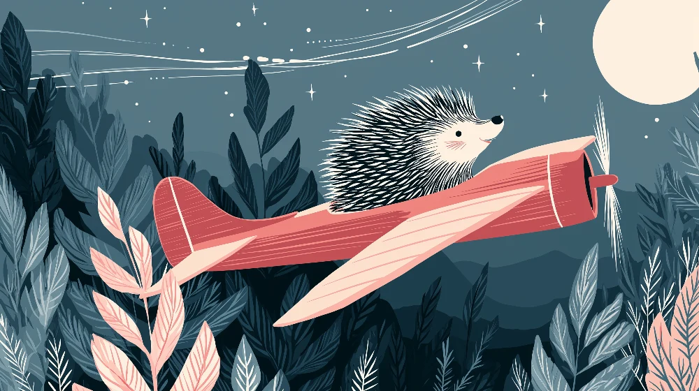 Kids room wallpaper | Hedgehog pilot flying under starry sky