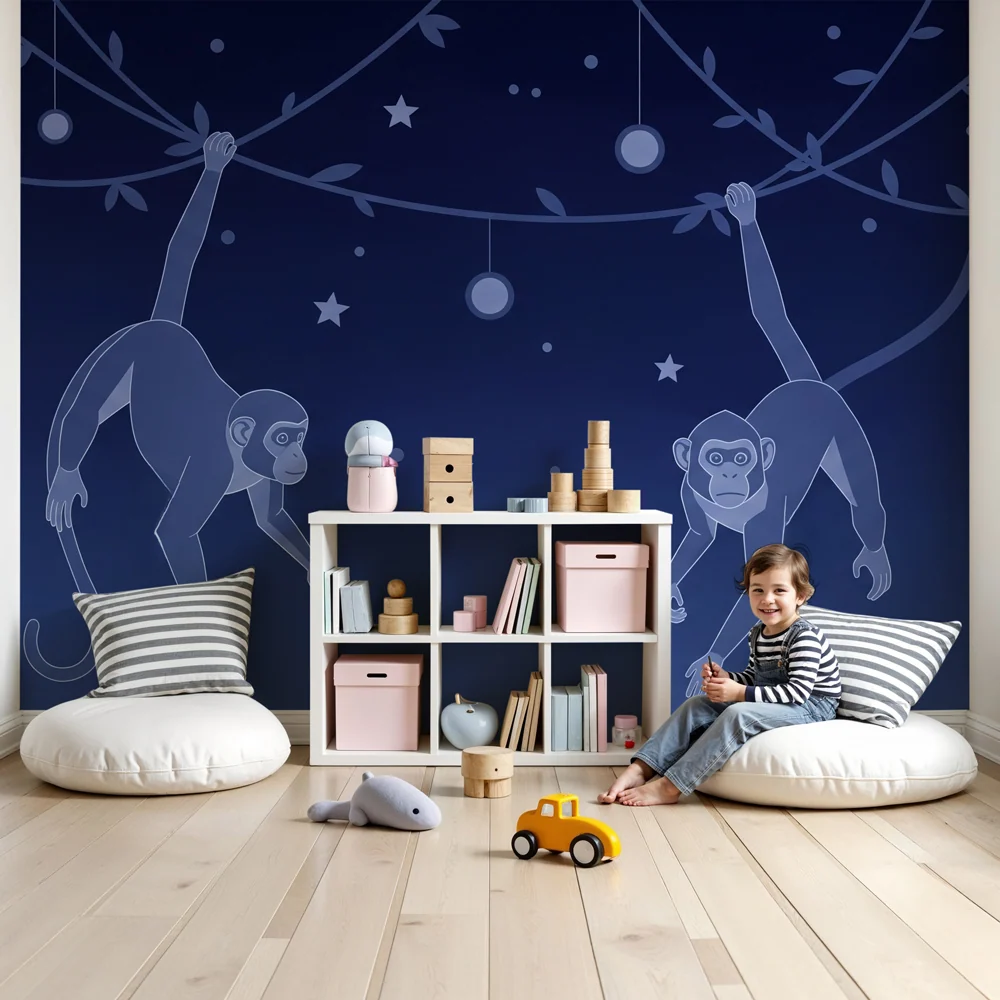 Kids room wallpaper | Hraví opice pod hvězdami