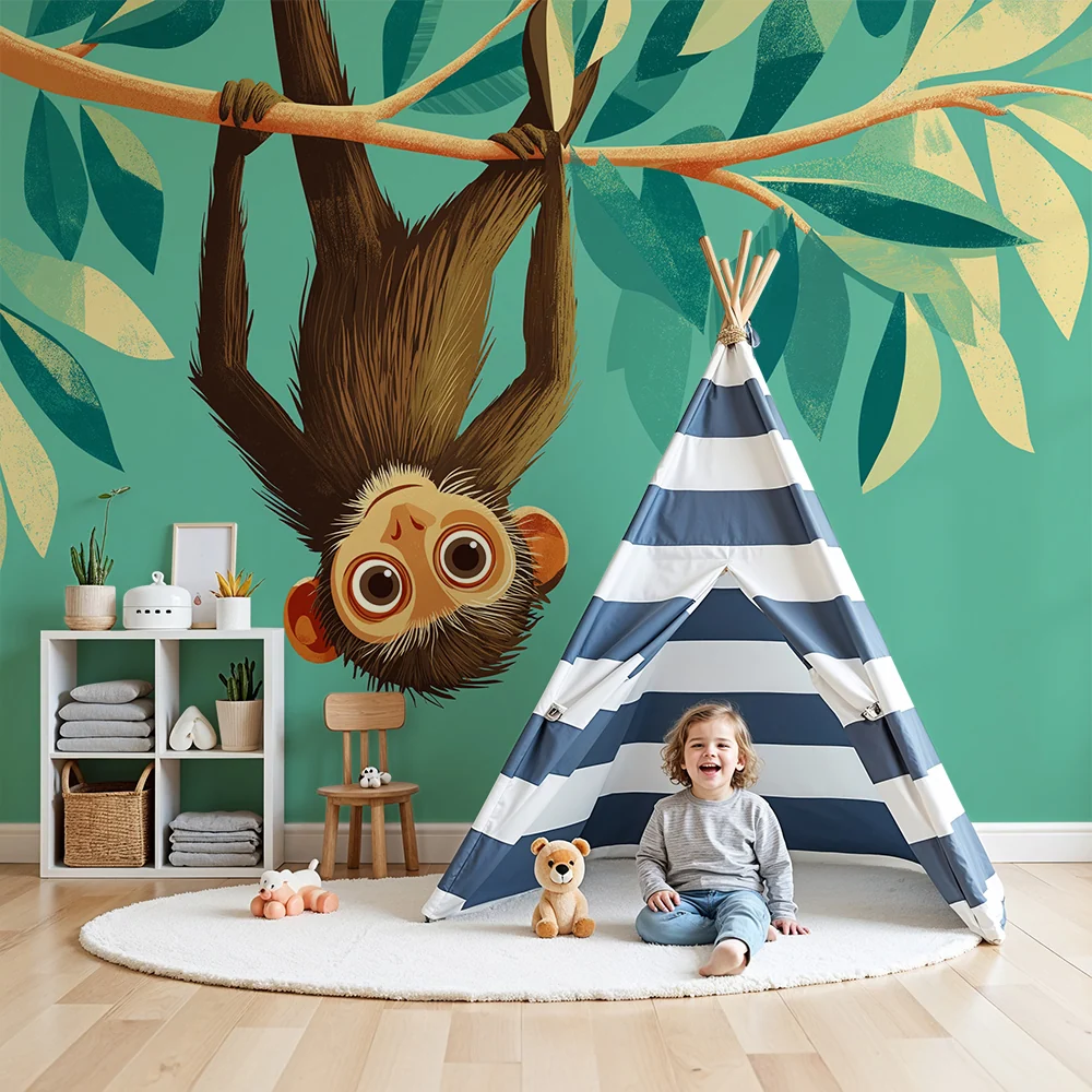 Kids room wallpaper | Šibalství opice visící na větvi s tropickým listím