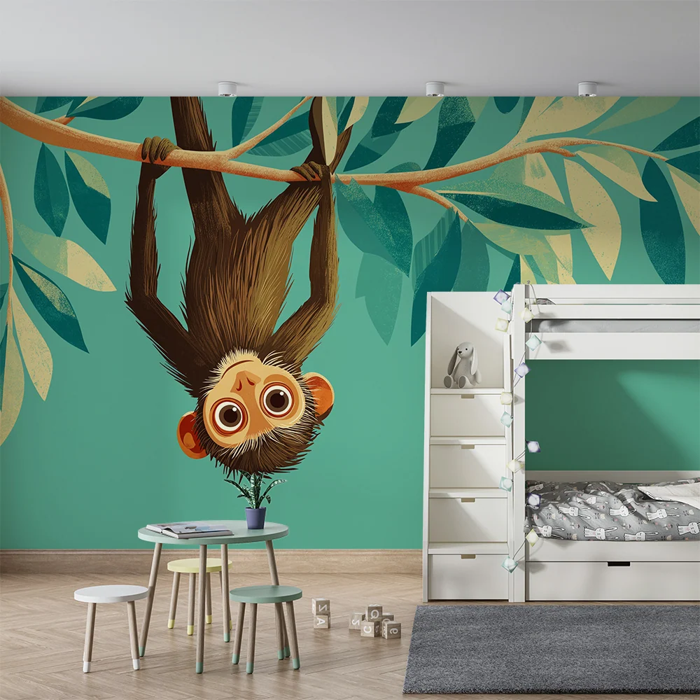 Kids room wallpaper | Šibalství opice visící na větvi s tropickým listím