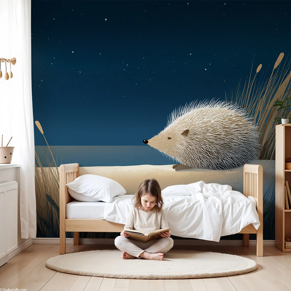 Kids room wallpaper | Ježek pod měsícem v noční krajině