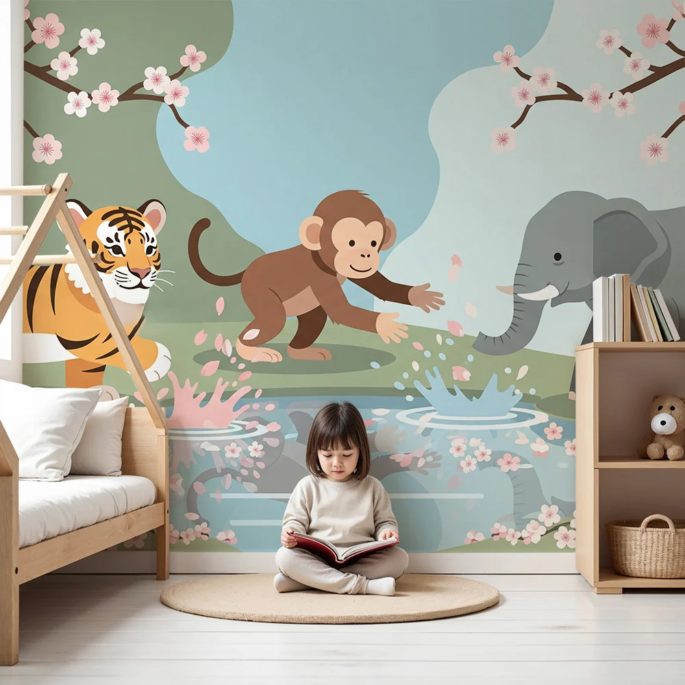 Kids room wallpaper | Jungle animals around flowered pond