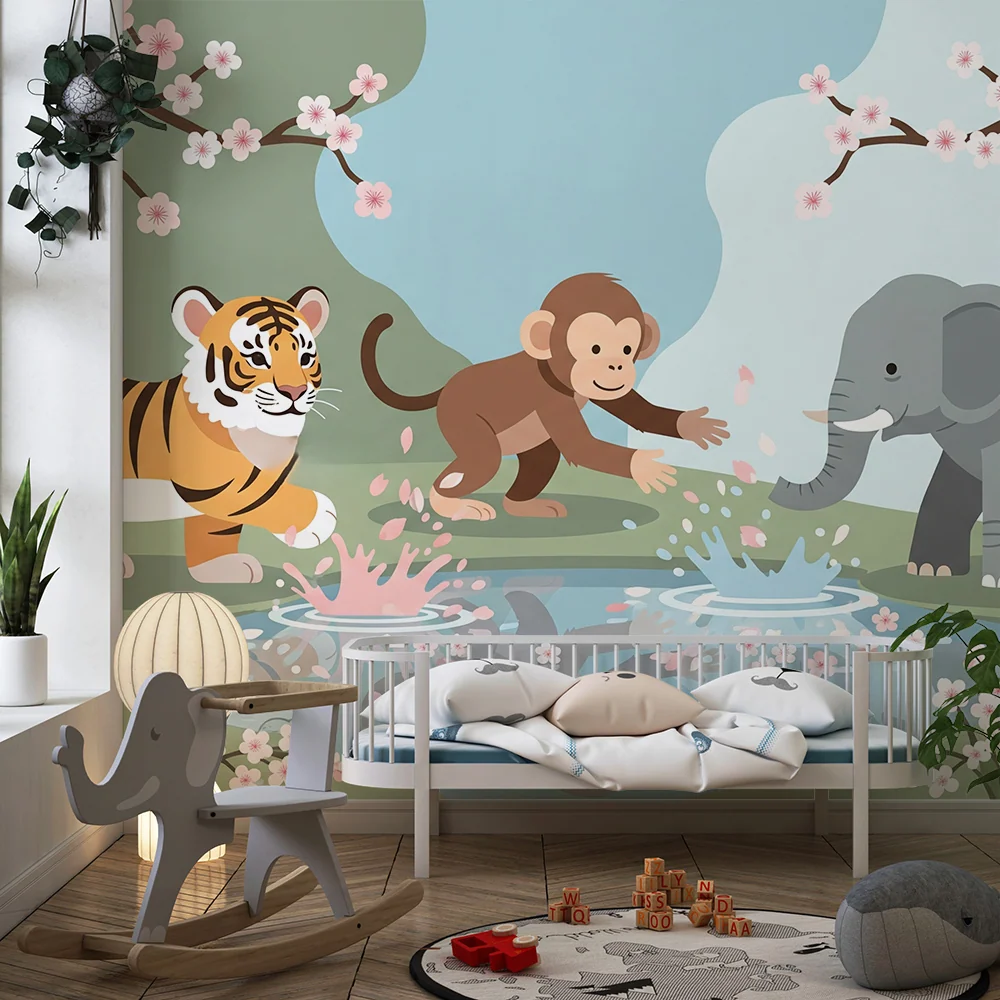 Kids room wallpaper | Jungle animals around flowered pond