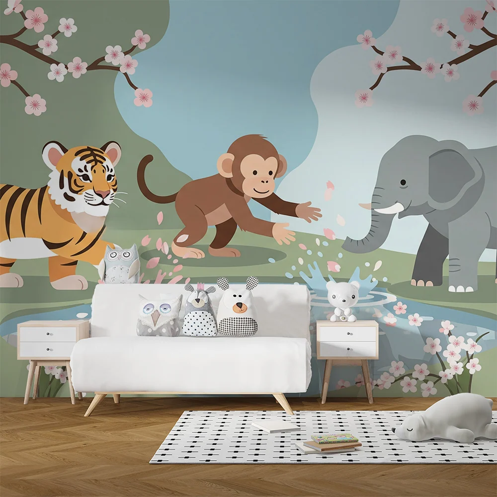 Kids room wallpaper | Jungle animals around flowered pond