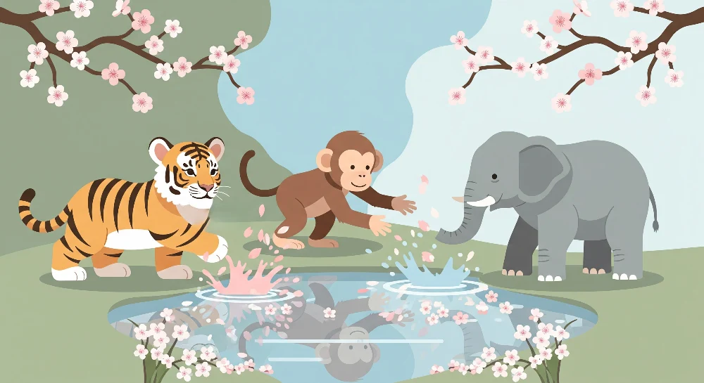 Kids room wallpaper | Jungle animals around flowered pond