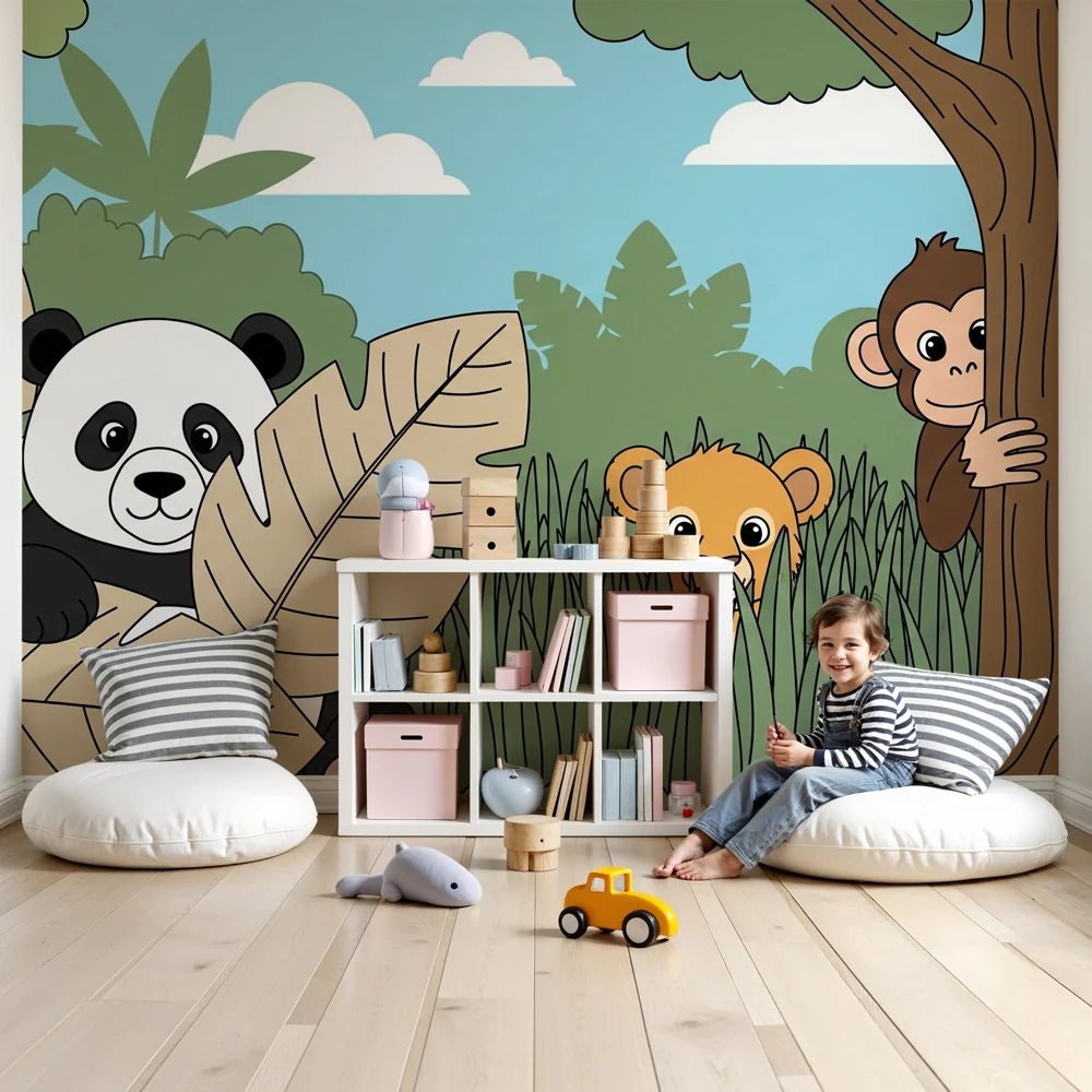 Kids room wallpaper | Jungle animals playing hide and seek