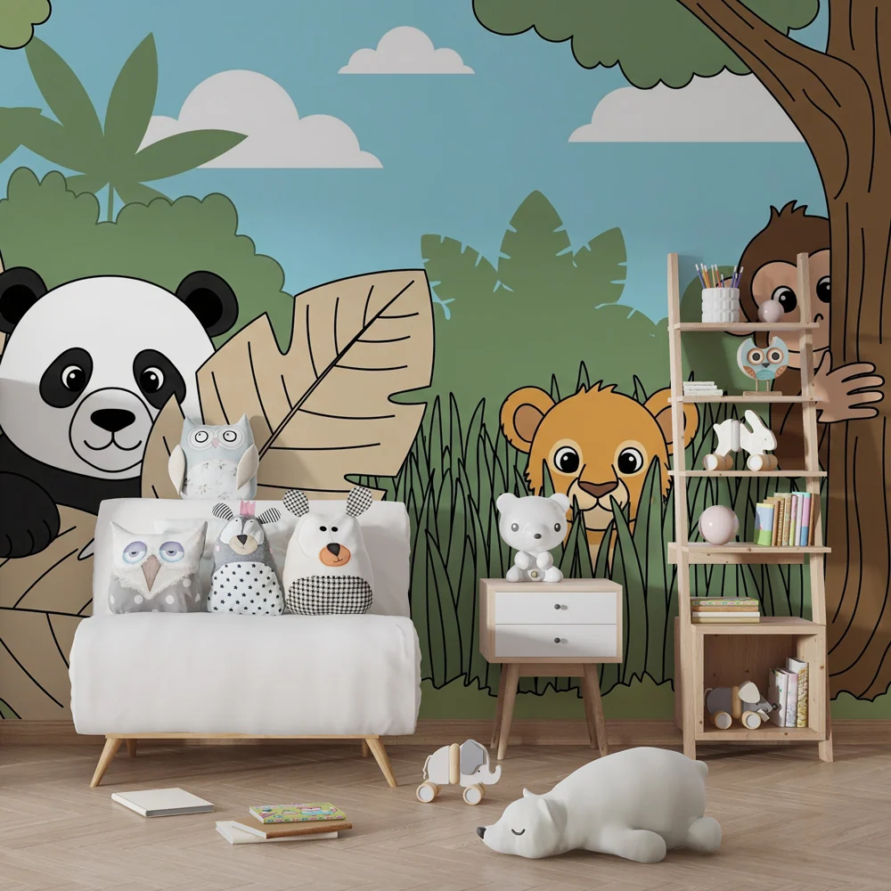 Kids room wallpaper | Jungle animals playing hide and seek