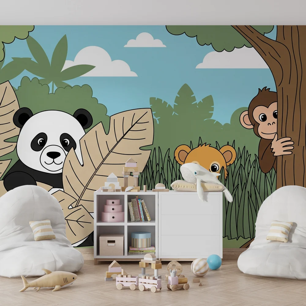 Kids room wallpaper | Jungle animals playing hide and seek