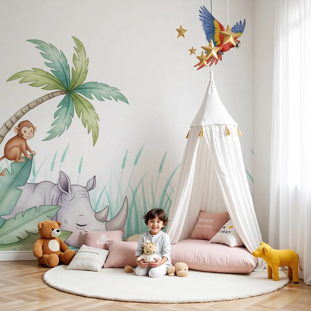 Kids room wallpaper | Jungle animals rhinoceros, monkey, and parrot
