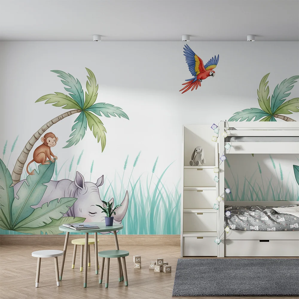 Kids room wallpaper | Jungle animals rhinoceros, monkey, and parrot