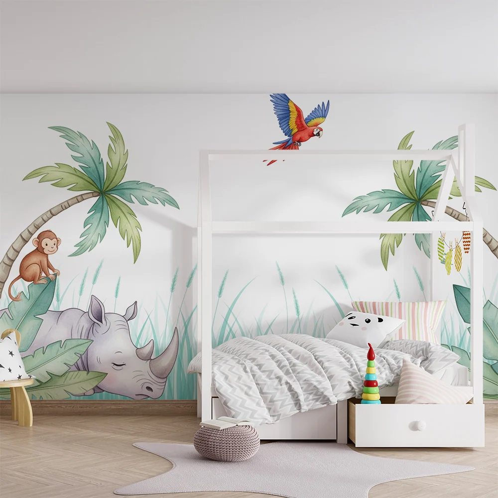 Kids room wallpaper | Jungle animals rhinoceros, monkey, and parrot