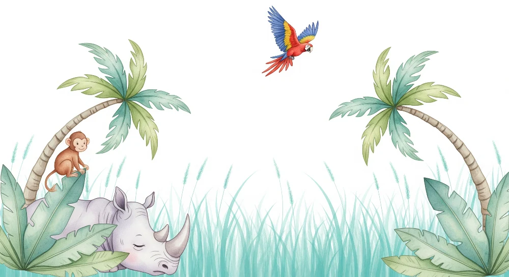 Kids room wallpaper | Jungle animals rhinoceros, monkey, and parrot