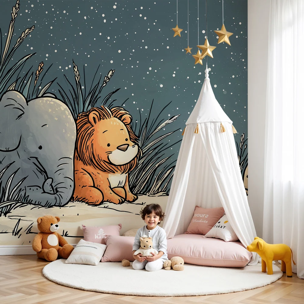 Kids room wallpaper | Jungle animals under stars